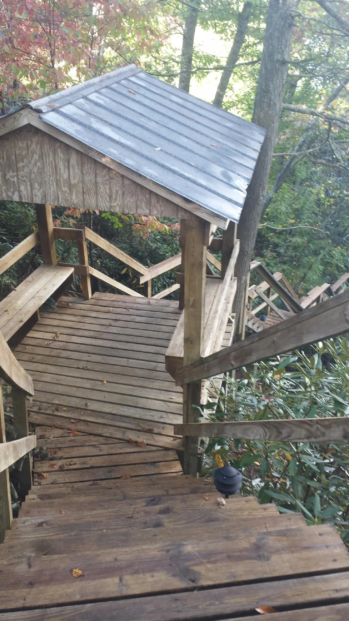 Metal roofed shelter over wooden steps on a wooded walkway — Skylight Repair & Installation work by our crew in Dundas